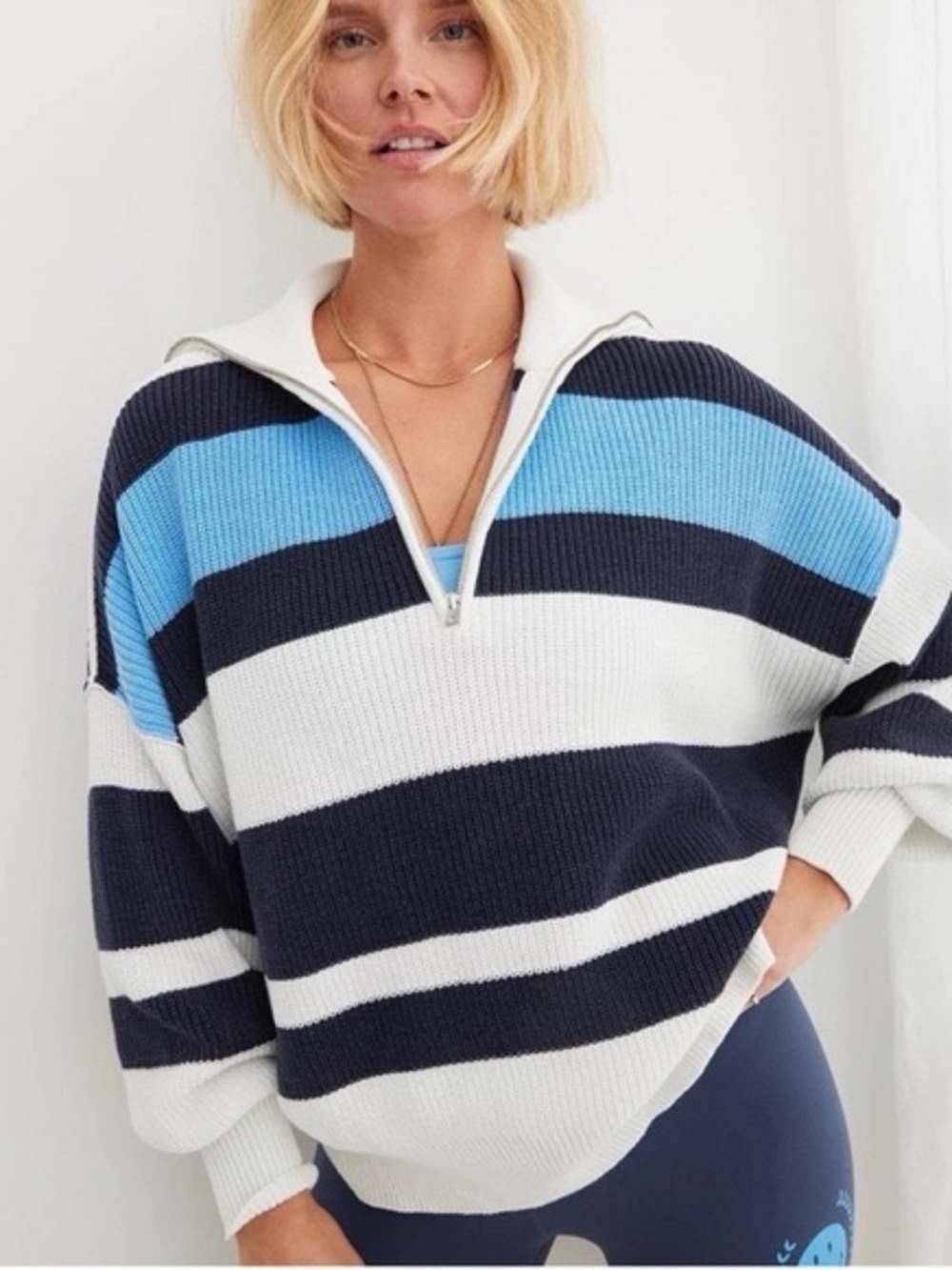 Aerie Striped Quarter-Zip Knit Sweater Size S Blue Cream Cozy Pullover